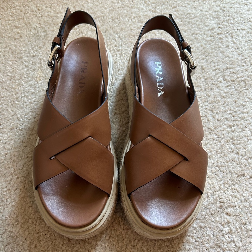 Prada Tan Leather Crisscross Platform Slingback Sandals - Picture 1 of 7